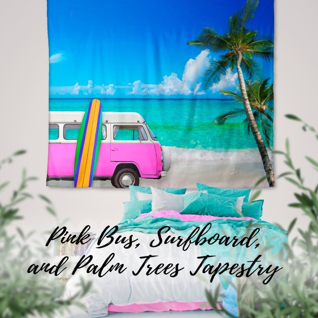 Tapete De Parede Cena de praia tropical Fuchsia Pink Van & Surfboar (Criador carregado)