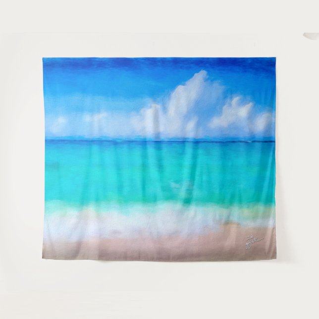 Tapete De Parede Cena de Praia Tropical Mar e Areia Aquarela (Frente (Horizontal))
