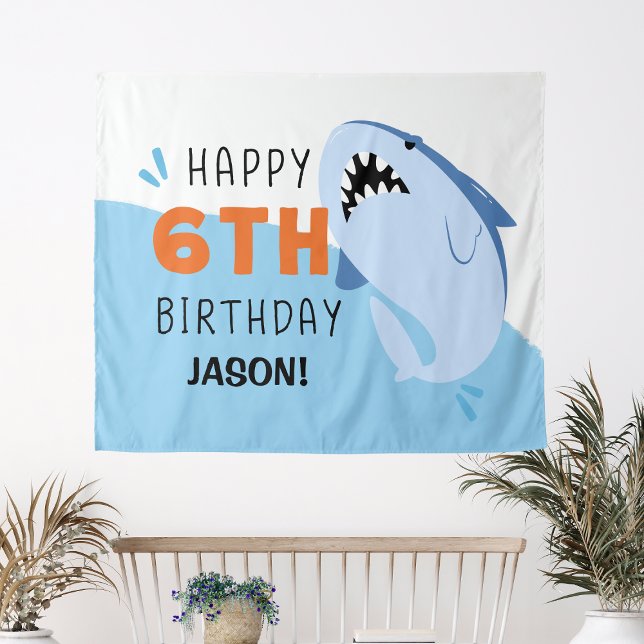 Tapete De Parede Cenário de Aniversário de 6 anos de Tubarão Person (Kids 6th Shark Birthday Backdrop Custom
)