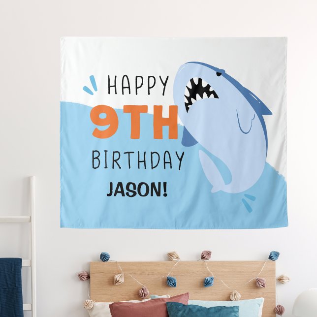 Tapete De Parede Cenário de aniversário de 9 anos personalizado do  (Shark Custom Kids 9th Birthday Backdrop
)