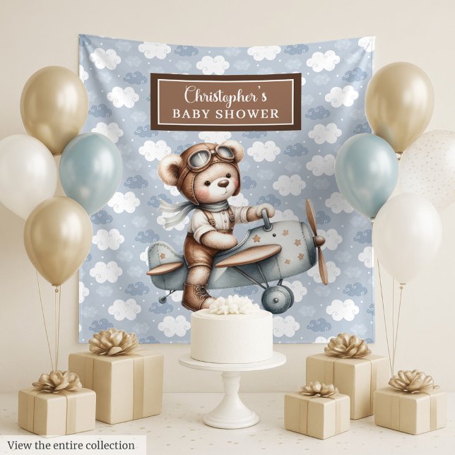Tapete De Parede Cenário de chá de bebê de piloto de ursinho da mod (Trendy teddy bear pilot baby shower photo wall)