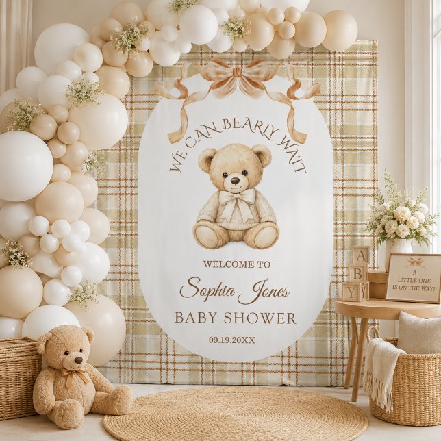 Tapete De Parede Cenário de Chuveiro de Bebê Neutro 'Mal Podemos Es (We can bearly wait gender neutral baby shower backdrop)