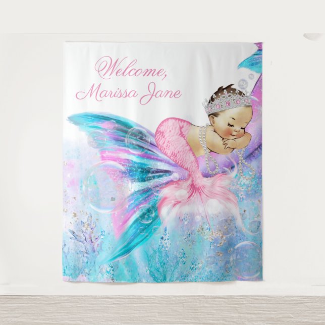 Tapete De Parede Cenário de Chuveiro de Bebê Sereia Morena (Frente)