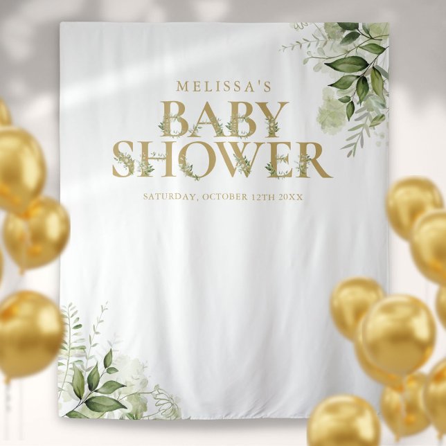 Tapete De Parede Cenário de Foto de Chá de Bebê Greenery Gold (Greenery Gold Baby Shower Photo Backdrop)