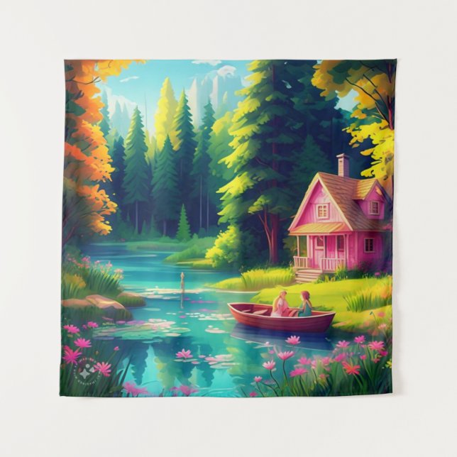 Tapete De Parede Cenário natural com algodão rosa (Frente)