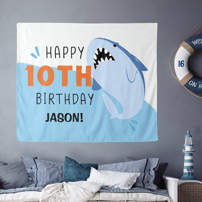 Tapete De Parede Cenário personalizado de aniversário de 10 anos pa (Shark Personalized Kids 10th Birthday Backdrop
)