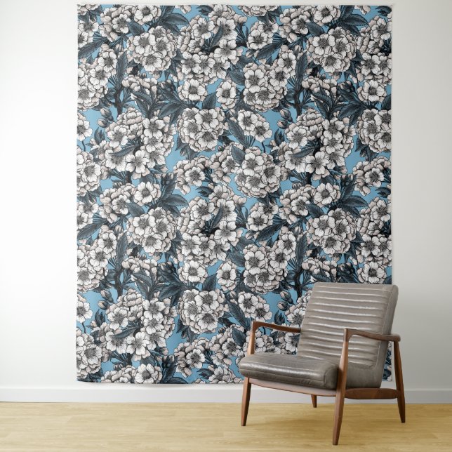 Tapete De Parede Cereja floresce em branco e azul (In Situ)