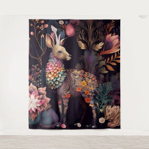 Tapete De Parede Cervo Ornamental entre Flores e Folhas em Camadas
