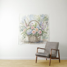 Cesta Floral em Aquarela com Rosas e Hortênsias