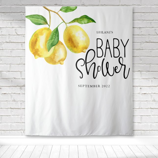Tapete De Parede Chá de Bebê Aquarela de Limão (Watercolor citrus lemon drop with a fun typography for baby shower making a beautiful backdrop.)