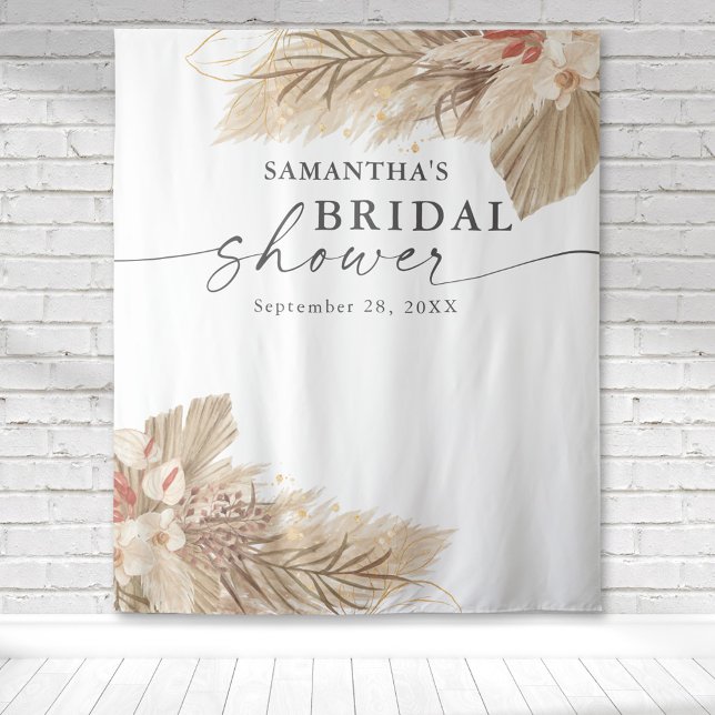Tapete De Parede Chá de Bebê de Grama das Pampas Palmeira Seca Casa (Pampas grass dried palm fronds watercolor design on this bridal shower tapestry backdrop.)