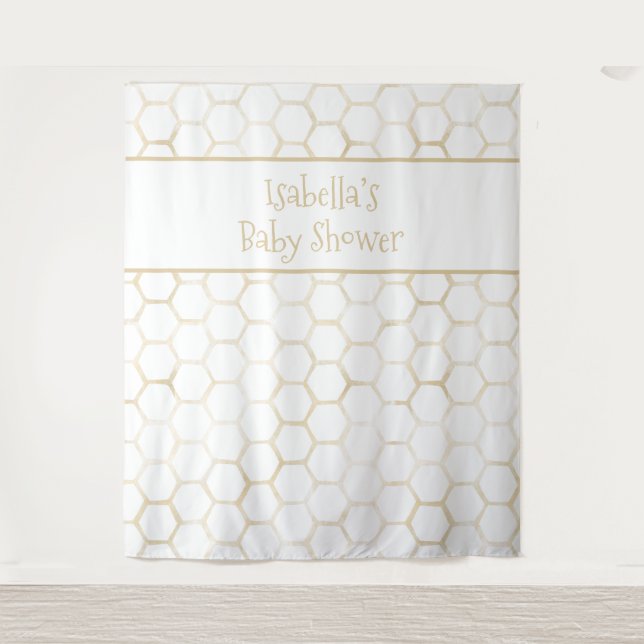Tapete De Parede Chá de Bebê Elegante em Ouro Branco com Favo de Me (Frente)