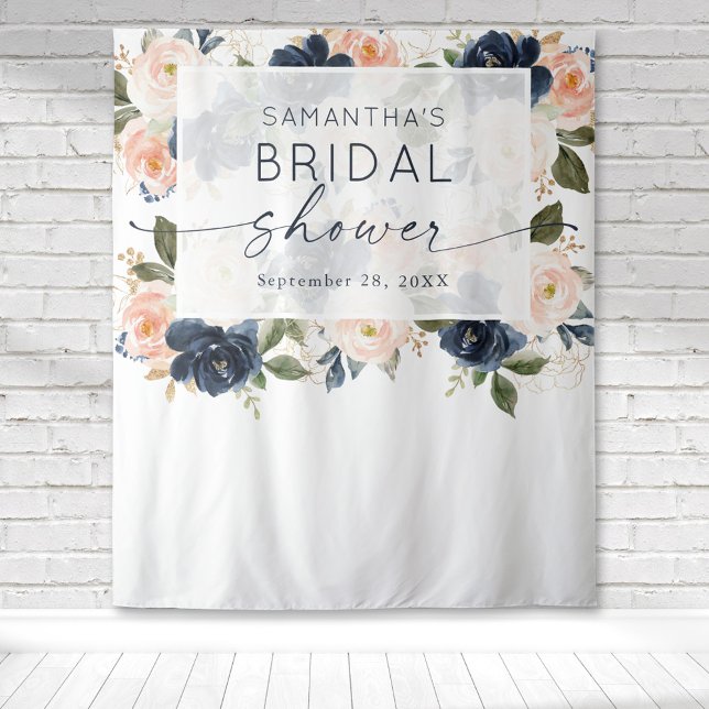 Tapete De Parede Chá de Bebê Floral Botânico em Aquarela (Blush pink and navy blue floral botanical watercolor bridal shower tapestry for the perfect backdrop)