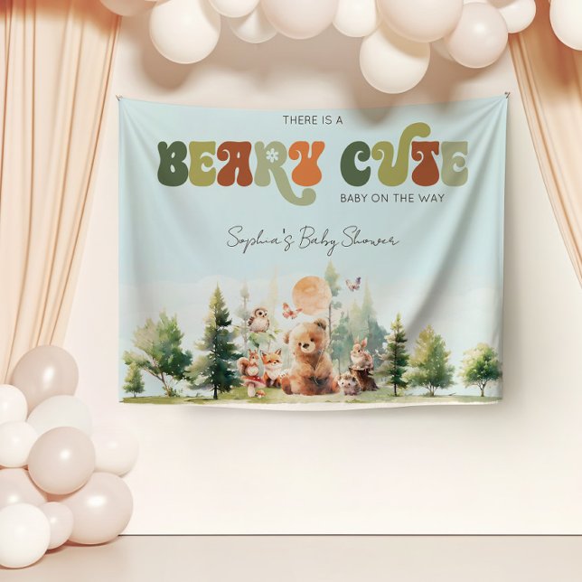 Tapete De Parede Chá de Bebê Floresta Encantada Super Fofo (Beary Cute Woodland Baby Shower Banner)