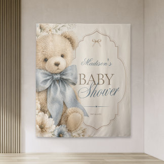 Tapete De Parede Chá de Bebê Luxuoso Urso de Pelúcia Laço Azul