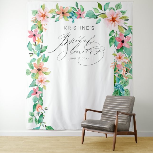 Tapete De Parede Chá de Bebê Tropical Rosa Floral Elegante Script (In Situ)