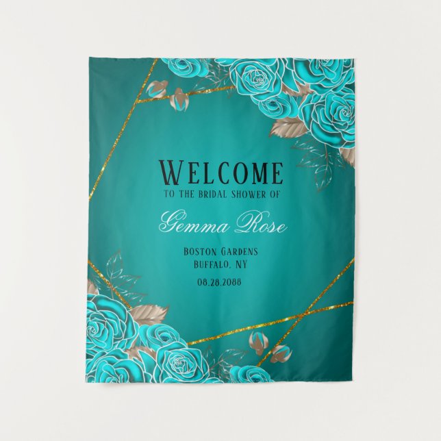 Tapete De Parede Chá de Bebê Turquesa e Dourado com Flores Boas-Vin (Frente)