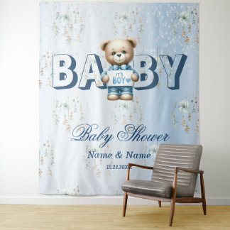 Tapete De Parede Chá de Bebê Urso Teddy Fofo Azul Floral Bonito