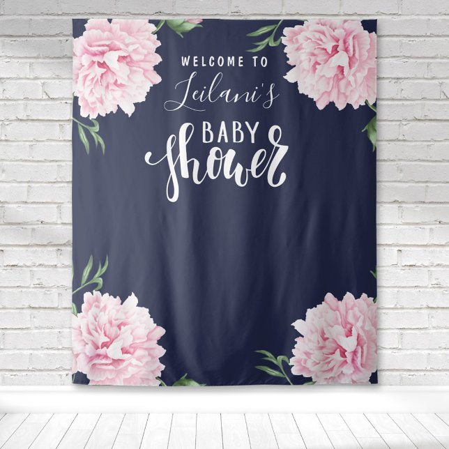Tapete De Parede Chá de fraldas rosa Marinho azul (Pink watercolor peony with navy background typography baby shower tapestry backdrop for photo ops.)