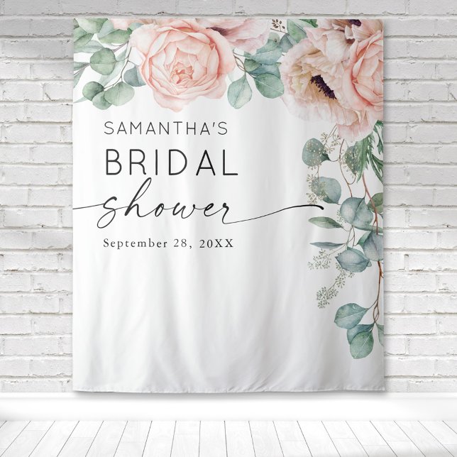 Tapete De Parede Chá de Noiva Rosa em Aquarela Floral (Pink peony floral botanical cascading watercolor design on this bridal shower tapestry backdrop.)