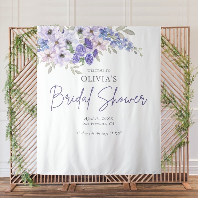 Tapete De Parede Chá de panela de Flor Roxo Chic Bem-vindo (Chic Purple Flower Gown Bridal Shower Welcome Tapestry)