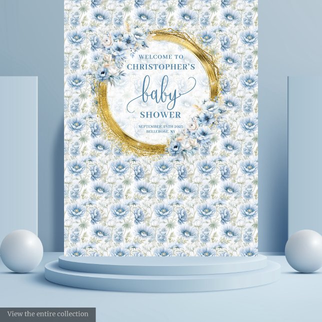 Tapete De Parede Charmoso Estandarte de Chuveiro de Bebê em Azul Po (Charming Dusty Blue Gold Floral Baby Shower Banner Tapestry)