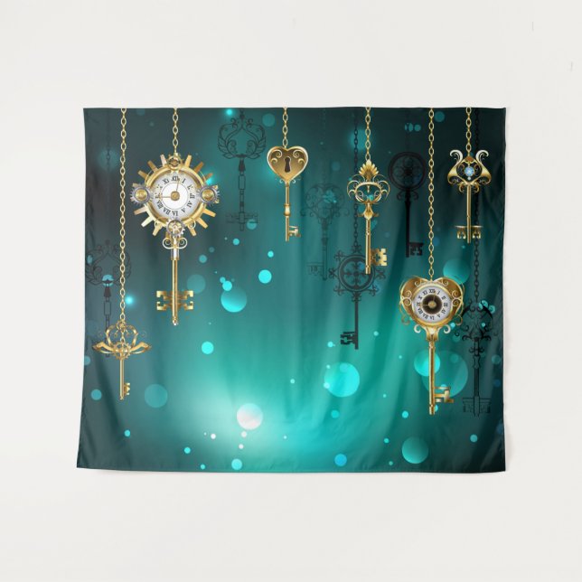 Tapete De Parede Chaves de Esqueleto Anticas em Fundo Verde (Frente (Horizontal))