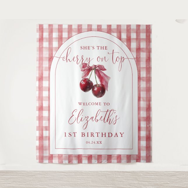 Tapete De Parede Cherry On Top Bow Birthday Photo Backdrop (Frente)