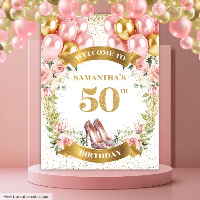Tapete De Parede Chic 50º Aniversário Pink Heels Blush Banner Flora (Chic 50th Birthday Pink Heels Blush Floral Banner Tapestry)