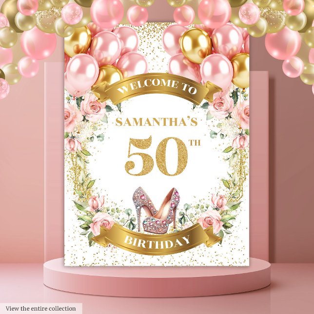Tapete De Parede Chic 50º Aniversário Pink Heels Glitter Party Bann (Chic 50th Birthday Pink Heels Glitter Party Banner)