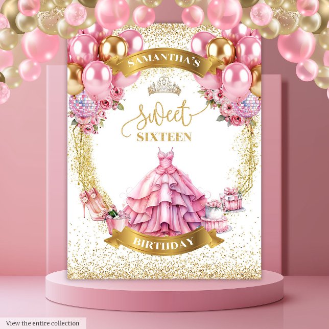 Tapete De Parede Chic Sweet 16 Banner Dourado Balões Rosa Brilhante (Chic Sweet 16 Banner Pink Gold Balloons Glitter)