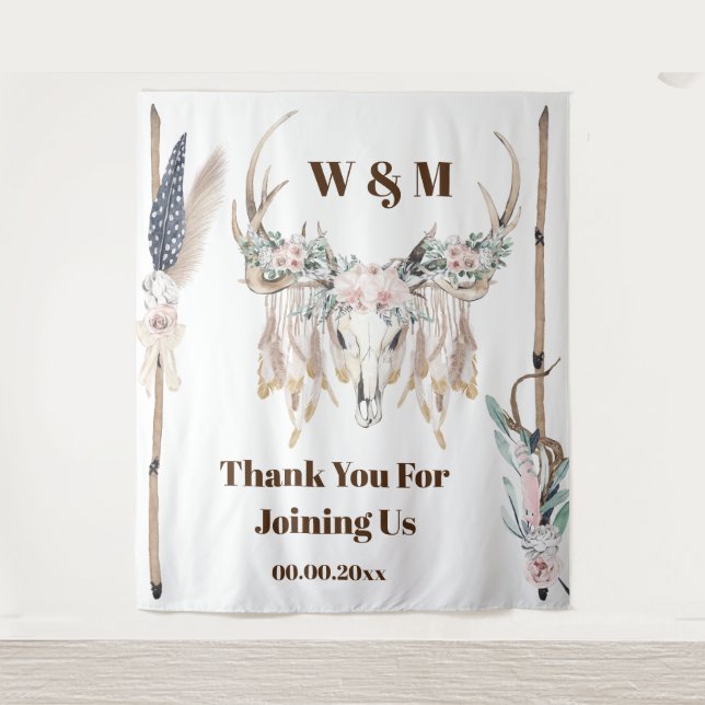 Tapete De Parede Chifres boho rose feather madeira rústica índio (Frente)