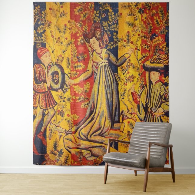 Tapete De Parede Chinoiserie amarela azul-vermelha medieval italian (In Situ)