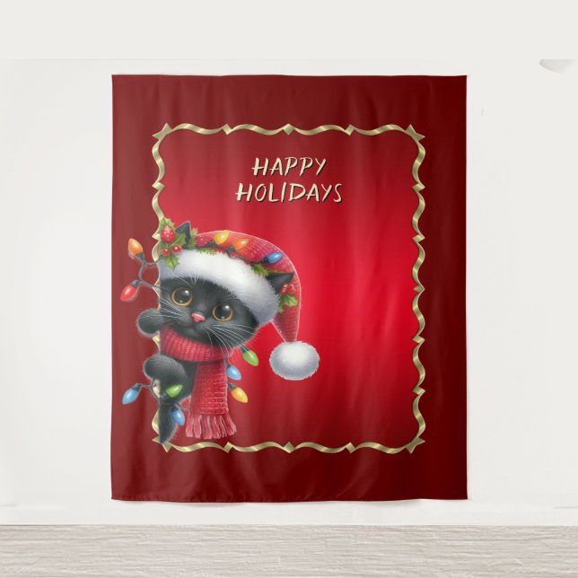 Tapete De Parede Christmas Black Cat Holiday Backdrop (Frente)