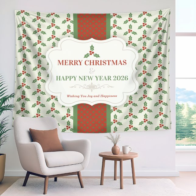 Tapete De Parede Christmas Holly Pattern Green Holly Red Berries (Criador carregado)
