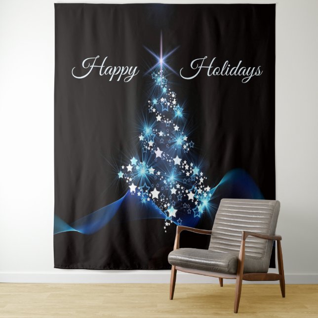 Tapete De Parede Christmas Party Blue Tree Shiny Black Elegant (In Situ)