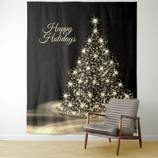 Tapete De Parede Christmas Party Golden Shiny Tree Winter Black (In Situ)