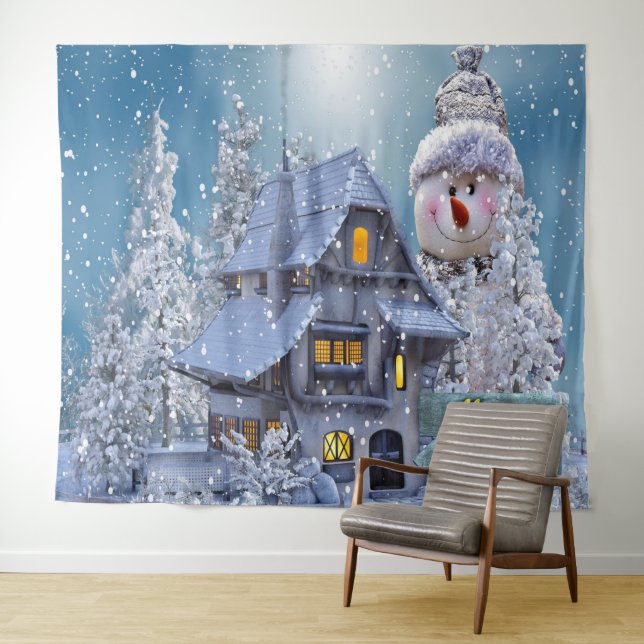Tapete De Parede Christmas Party Winter White Snowman Blue Rustic (In Situ (Horizontal))
