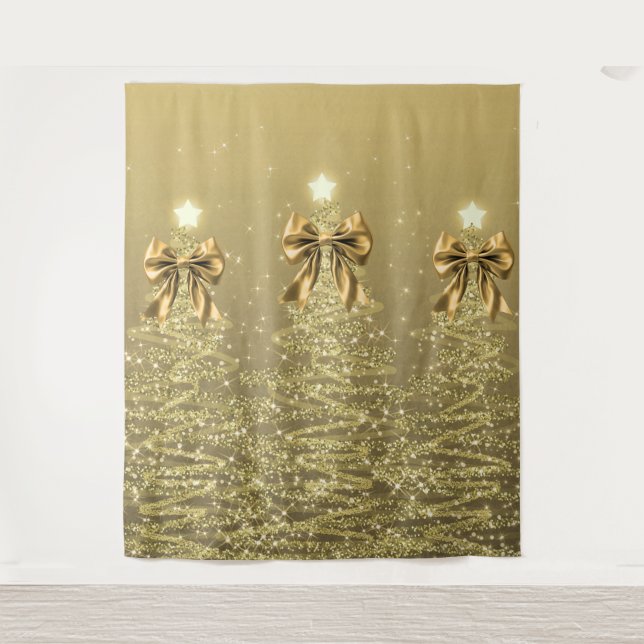 Tapete De Parede Christmas Sparkling Trees Gold Faux Bow  (Frente)