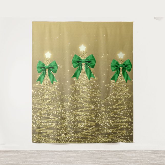 Tapete De Parede Christmas Sparkling Trees Gold Faux Green Bow  (Frente)