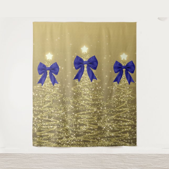 Tapete De Parede Christmas Sparkling Trees Gold Faux Navy Bow  (Frente)
