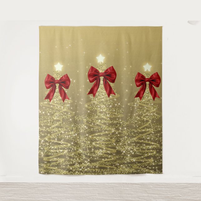 Tapete De Parede Christmas Sparkling Trees Gold Faux Red Bow  (Frente)