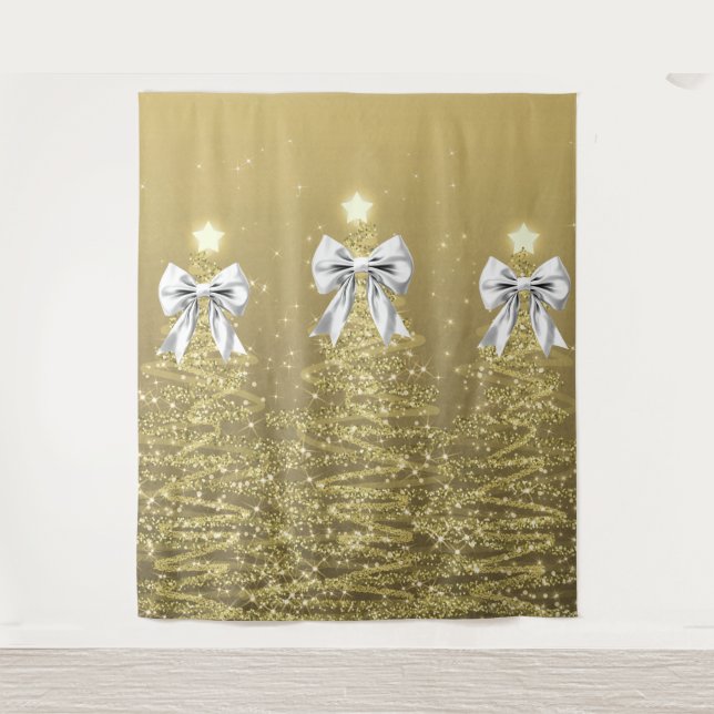 Tapete De Parede Christmas Sparkling Trees Gold Faux Silver Bow  (Frente)