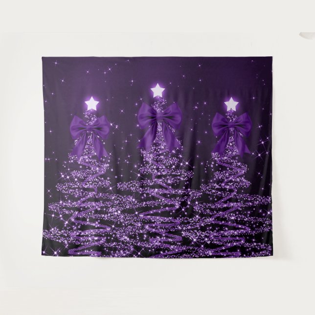 Tapete De Parede Christmas Sparkling Trees Purple Faux Bow  (Frente (Horizontal))