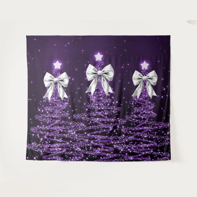 Tapete De Parede Christmas Sparkling Trees Purple Faux Silver Bow  (Frente (Horizontal))