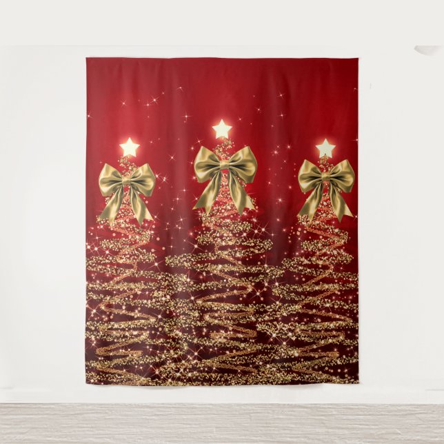 Tapete De Parede Christmas Sparkling Trees Red Gold Faux Bow  (Frente)