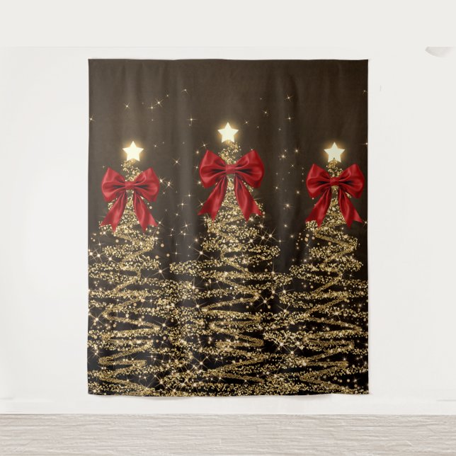 Tapete De Parede Christmas Sparkling Trees Red Gold Faux Bow  (Frente)