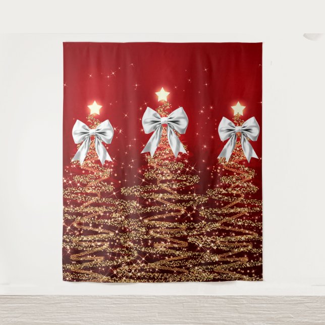Tapete De Parede Christmas Sparkling Trees Red Gold Silver Bow  (Frente)
