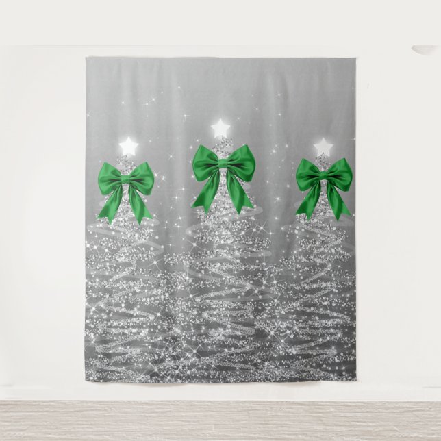 Tapete De Parede Christmas Sparkling Trees Silver Faux Green Bow  (Frente)