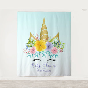 Tapete De Parede Chuva de bebê de unicórnio floral dourado